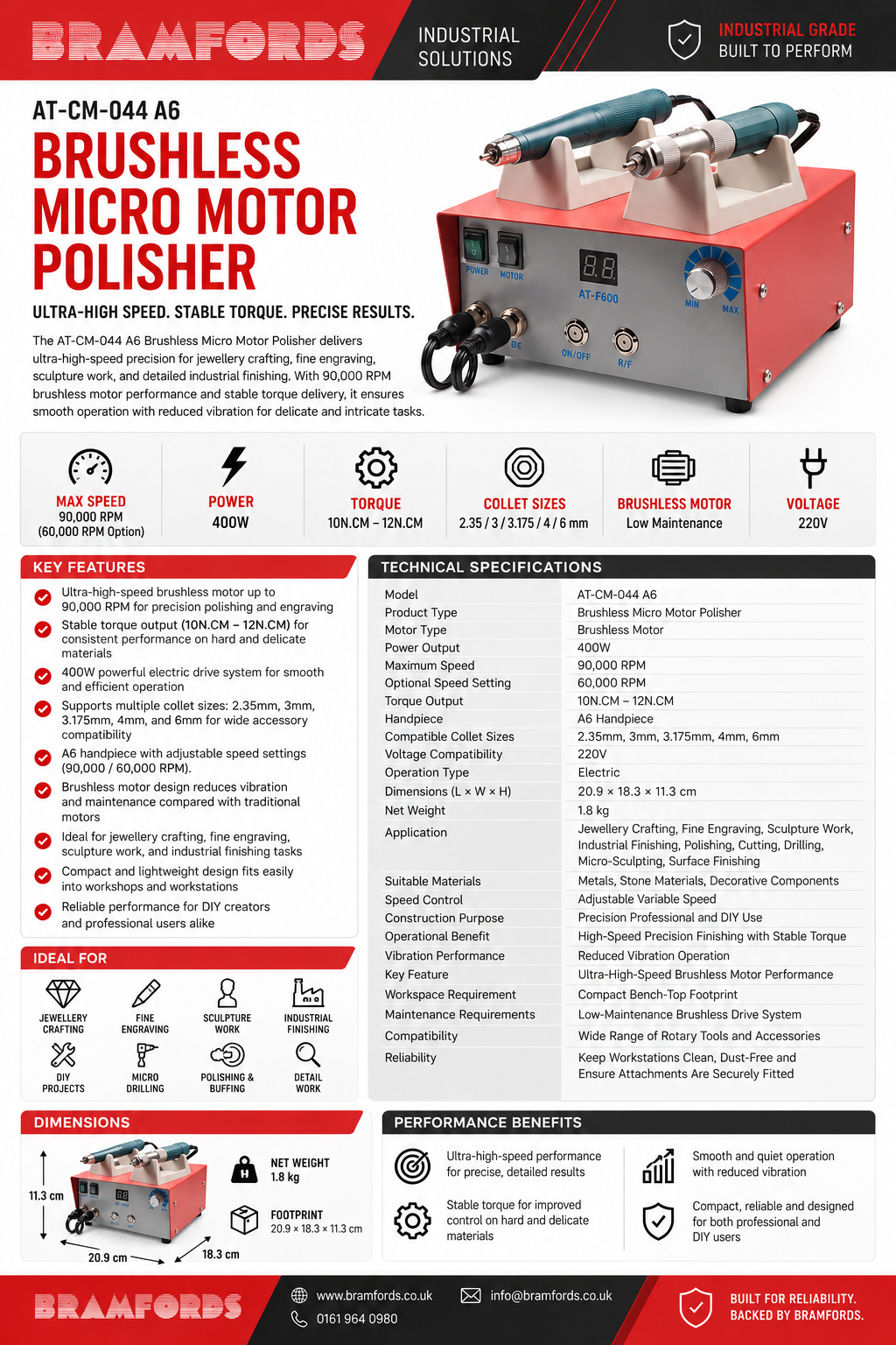 A promotional infographic for the Bramfords AT-CM-044 A6 Brushless Micro Motor Polisher. The image features a red and black machine on the right, with extensive technical specifications, features, dimensions, and performance benefits listed in text and icons on the left against a white background.