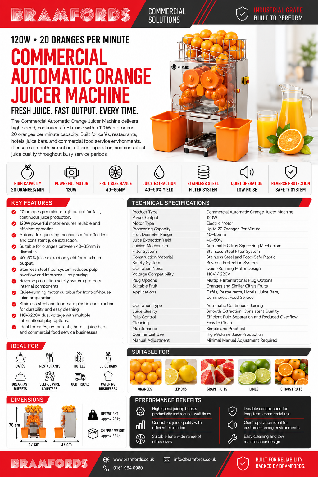 BKN-2000EH 120W 20 Oranges Per Minute 110V/220V Automatic Orange Juicer Machine With Stainless Steel Filter And Reverse Protection System