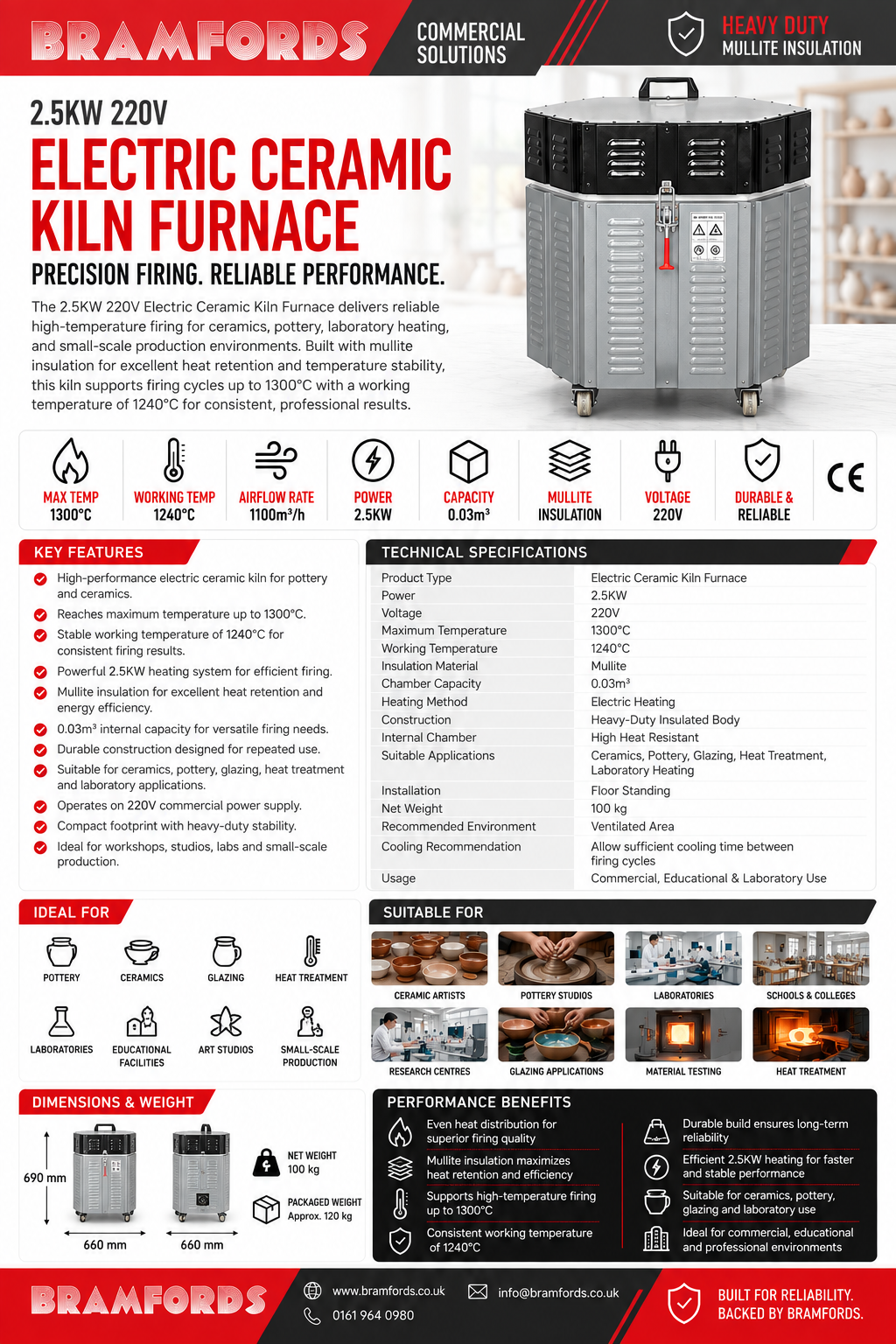 MK-JKC01 2.5KW 220V 0.03m³ Electric Ceramic Kiln Furnace, 1300C Pottery Firing Oven With Mullite Chamber Insulation