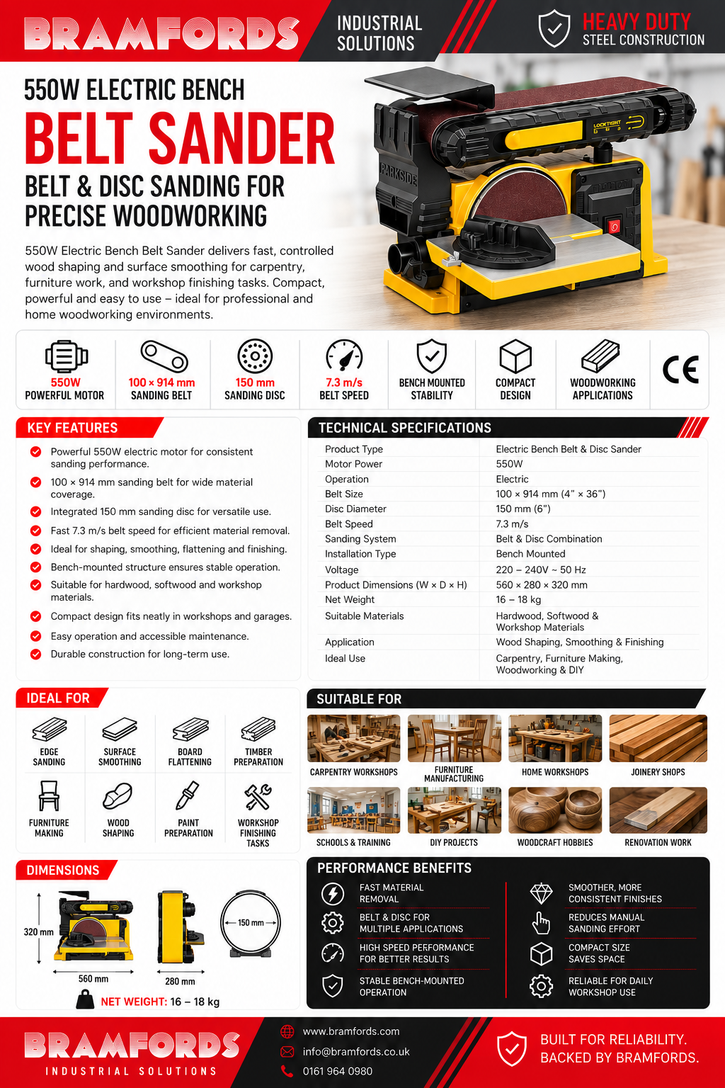 A promotional infographic for the Bramfords 550W Electric Belt Sander, showing the product in a yellow and black handle with a red belt attachment. The graphic includes extensive text detailing features, specifications, dimensions, suitable applications, and performance benefits on a white background.