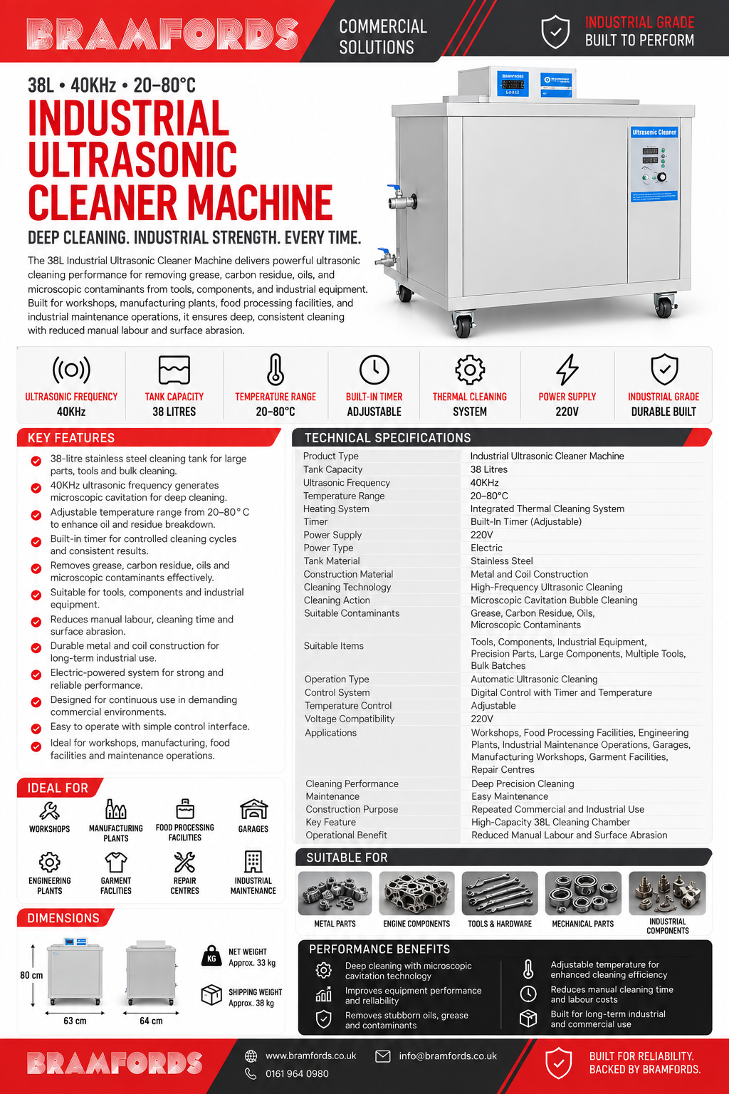 SN-1012F+ 38L 40kHz 220V Industrial Ultrasonic Cleaner Machine With 20-80°C Heating System And Stainless Steel Tank