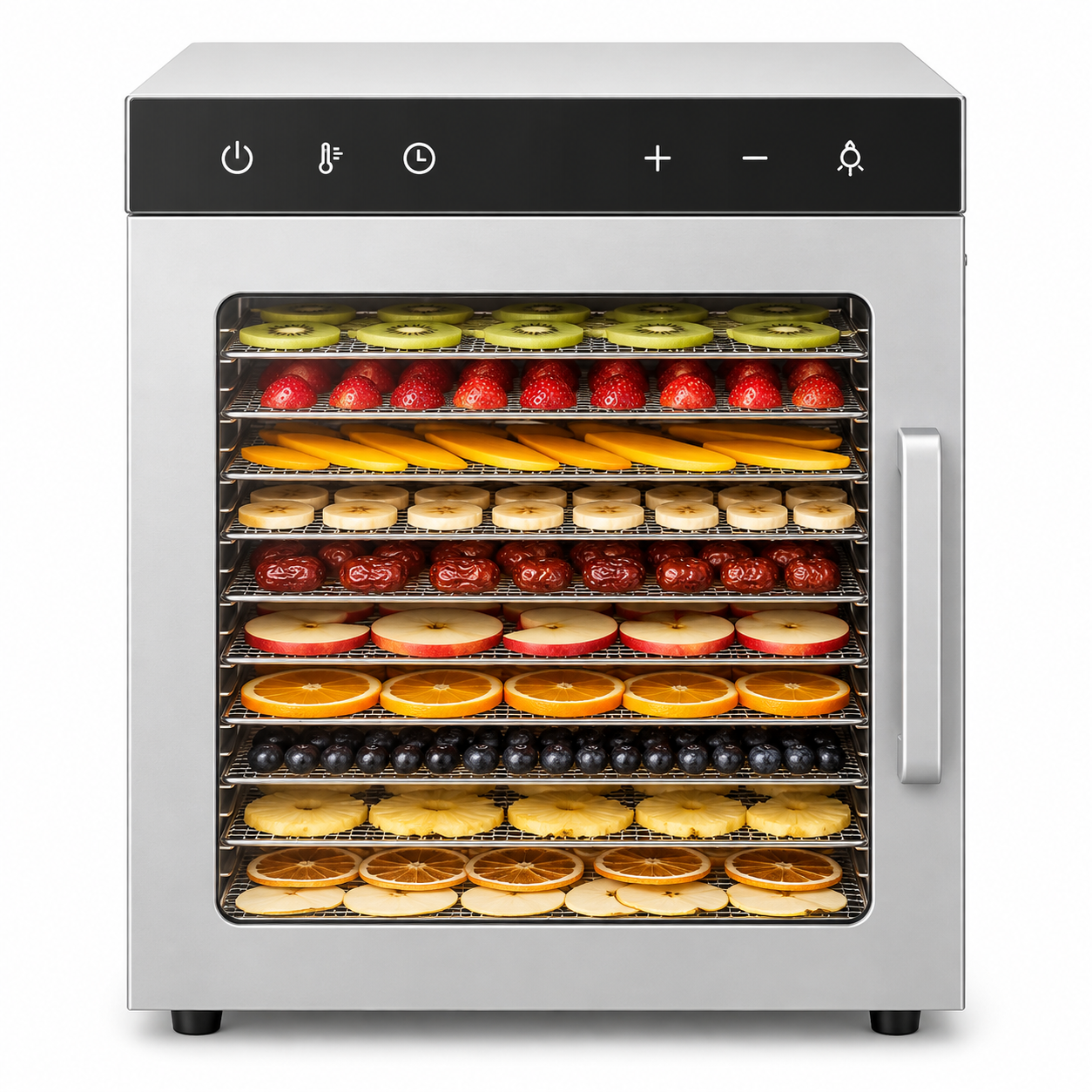 A stainless steel multi-tier fruit and vegetable dehydrator with a black control panel and handle, shown filled with various sliced fruits and vegetables on trays.