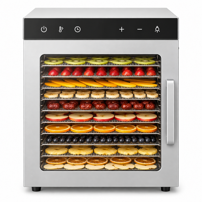 A stainless steel multi-tier fruit and vegetable dehydrator with a black control panel and handle, shown filled with various sliced fruits and vegetables on trays.