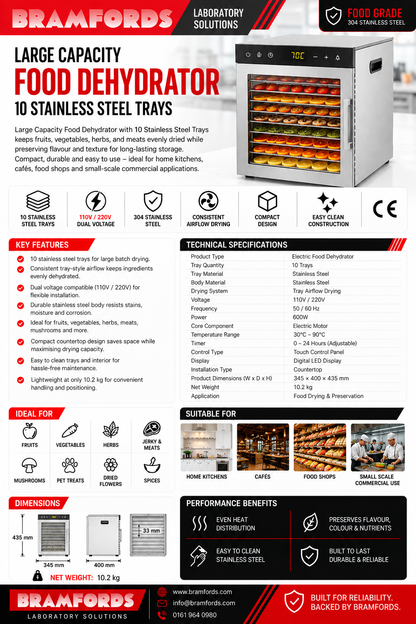 10 Tray 30-90°C Industrial Fruit Dryer Machine, 304 Stainless Steel Food Dehydrator With Adjustable Temperature Control