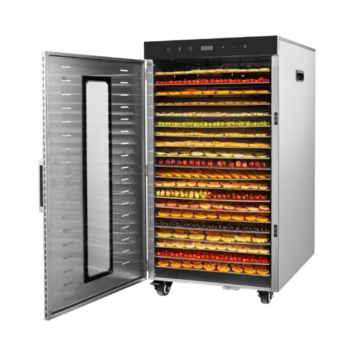 Stainless steel 10-tray food dehydrator with open door and stacked drying trays