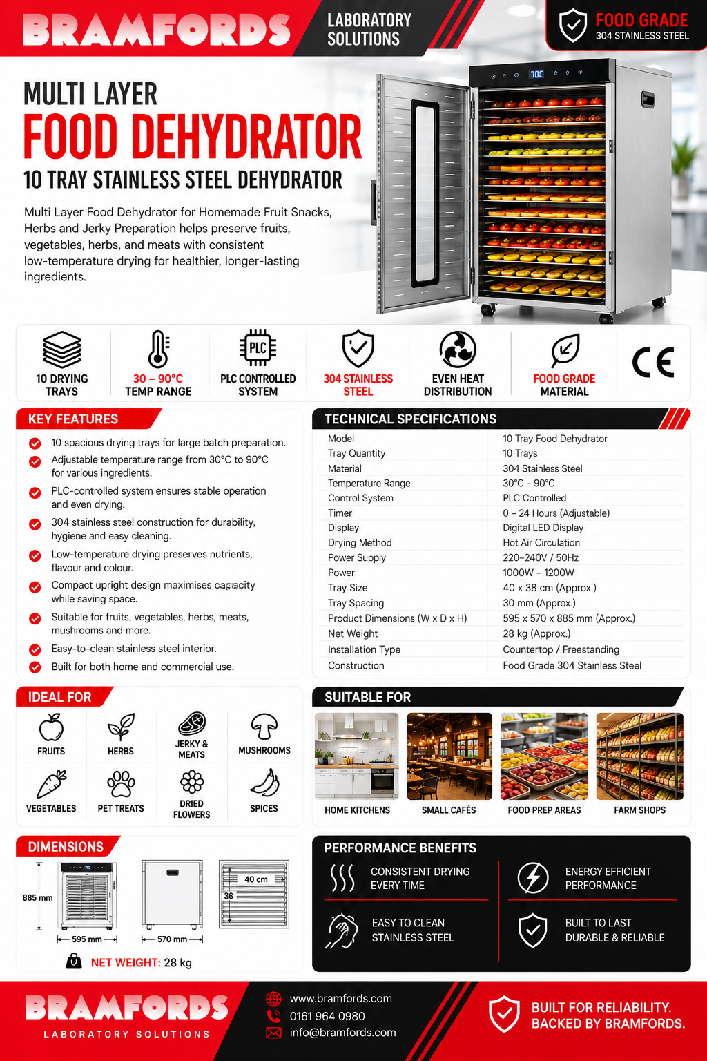 A promotional infographic for the Bramfords Laboratory Solutions Multi Layer Food Dehydrator, showing a large 10 tray stainless steel dryer with trays of fruits and vegetables inside. The graphic includes detailed specifications, key features, dimensions, suitable foods, and before/after usage photos on a white background with red and black branding banners.