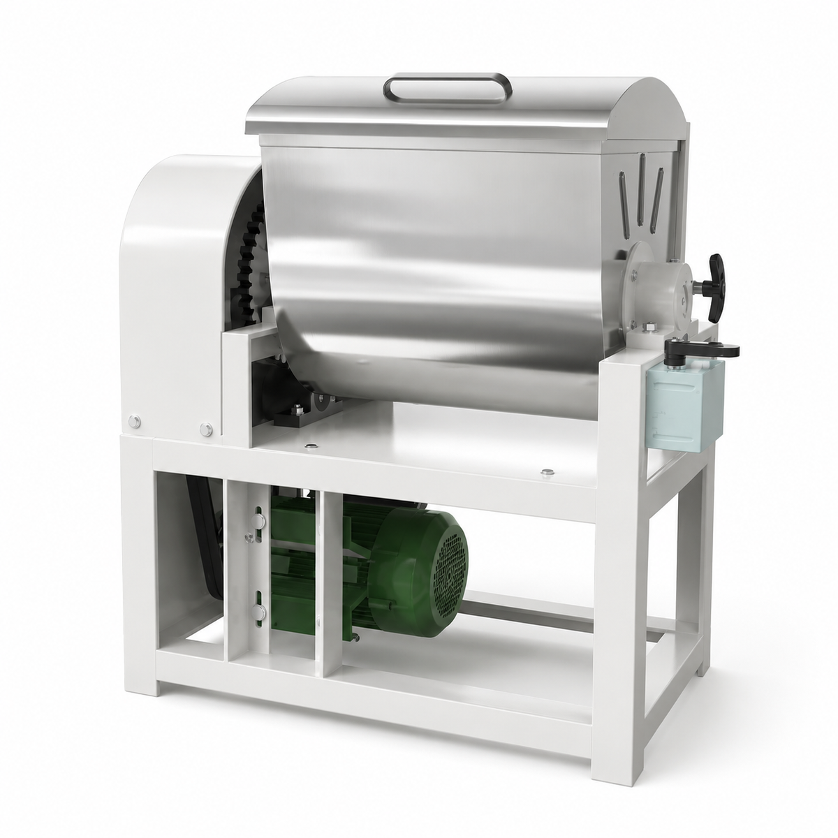 Commercial spiral dough mixer machine with stainless steel mixing barrel and arm.