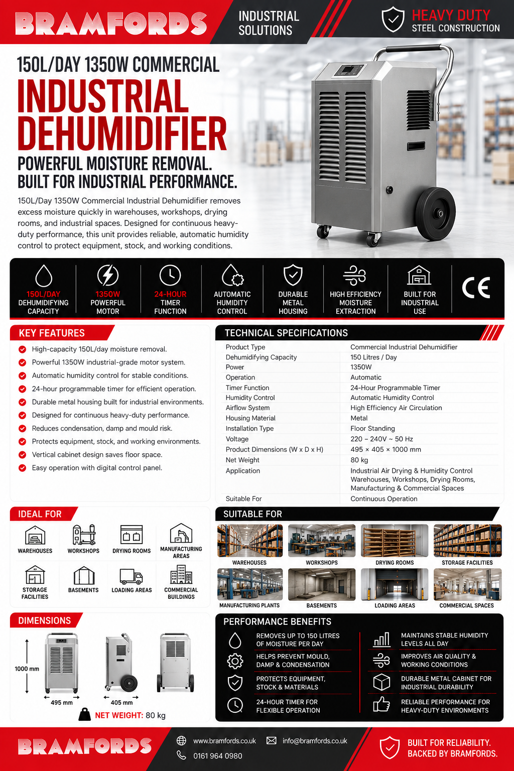A detailed product information sheet for a Bramfords industrial dehumidifier. The sheet features a large product photo of the white and silver dehumidifier on the top right, accompanied by red and black branding banners.