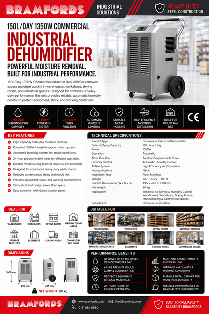 A detailed product information sheet for a Bramfords industrial dehumidifier. The sheet features a large product photo of the white and silver dehumidifier on the top right, accompanied by red and black branding banners.