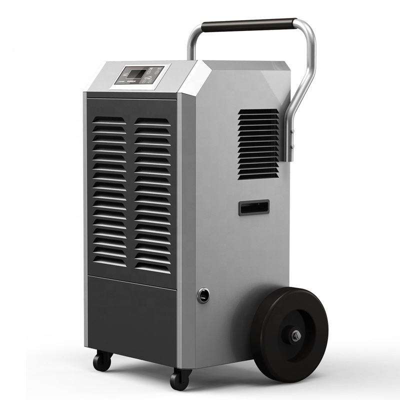Commercial industrial dehumidifier with metal housing, front grille and handle