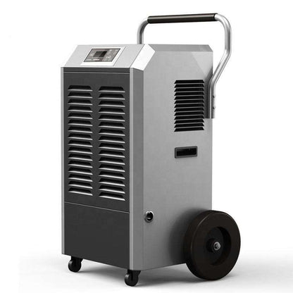 Commercial industrial dehumidifier with metal housing, front grille and handle