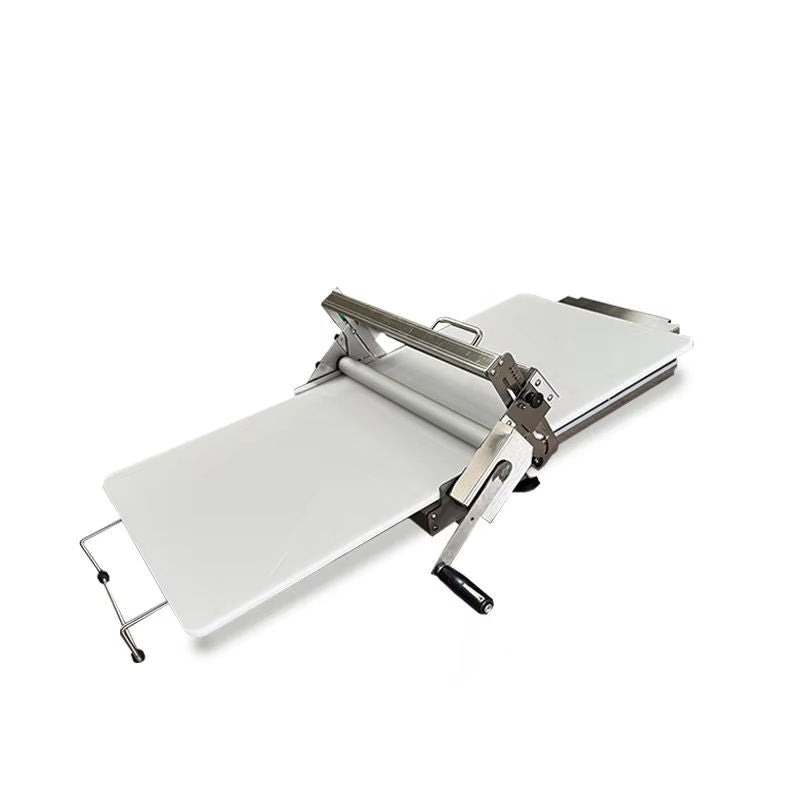 Manual dough sheeter machine with stainless steel rollers and foldable tabletop