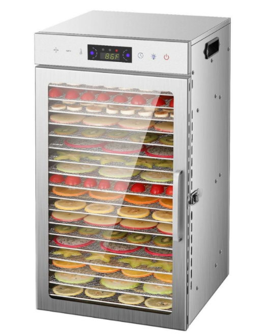Stainless steel food dehydrator with open door showing stacked drying trays