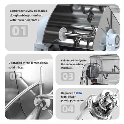 Commercial dough mixer machine with exposed mixing chamber and spiral shaft.