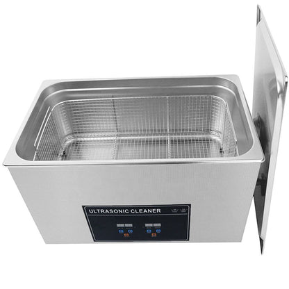 Ultrasonic cleaning machine with open stainless tank and wire rack, front control panel