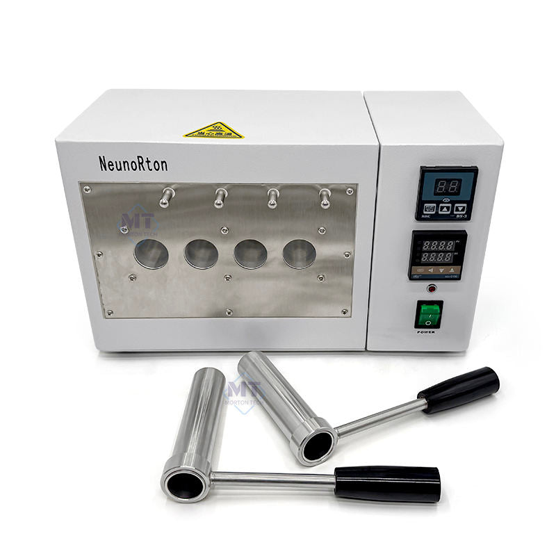 Dental lab tube heater with front circular ports and two metal heating rods with black handles