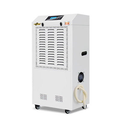 Commercial dehumidifier with front grille, side port, and caster wheels