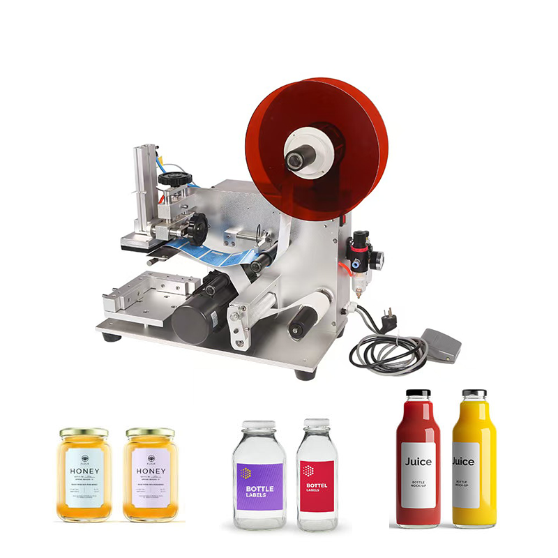 Semi-automatic desktop labeling machine with red label spool and bottle guides