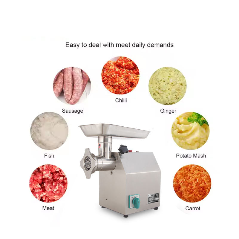 Portable meat grinder machine with hopper and side outlet, shown with ingredient examples