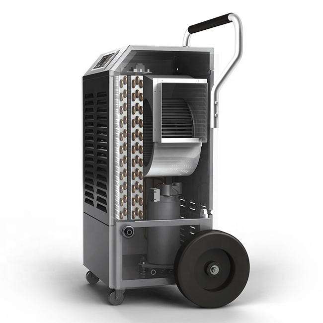 Commercial industrial dehumidifier with open side access door and metal fan housing