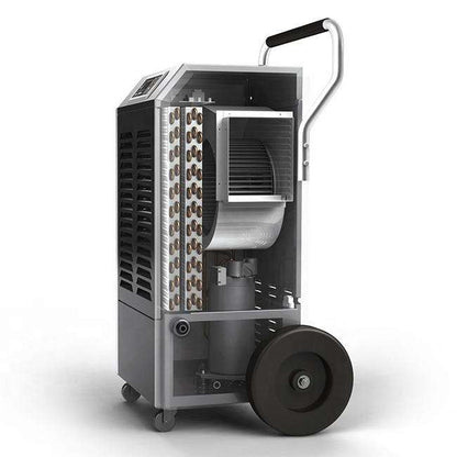 Commercial industrial dehumidifier with open side access door and metal fan housing