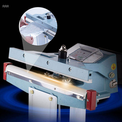 Vertical pedal band sealer close-up with control panel and heater bar