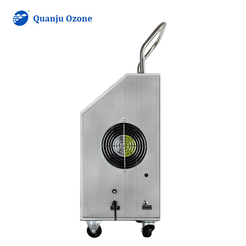 Stainless steel ozone generator machine with rear fan grille and lifting handle, wheels.