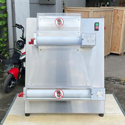 Automatic pizza dough sheeter machine, front view with control panel and dough rollers