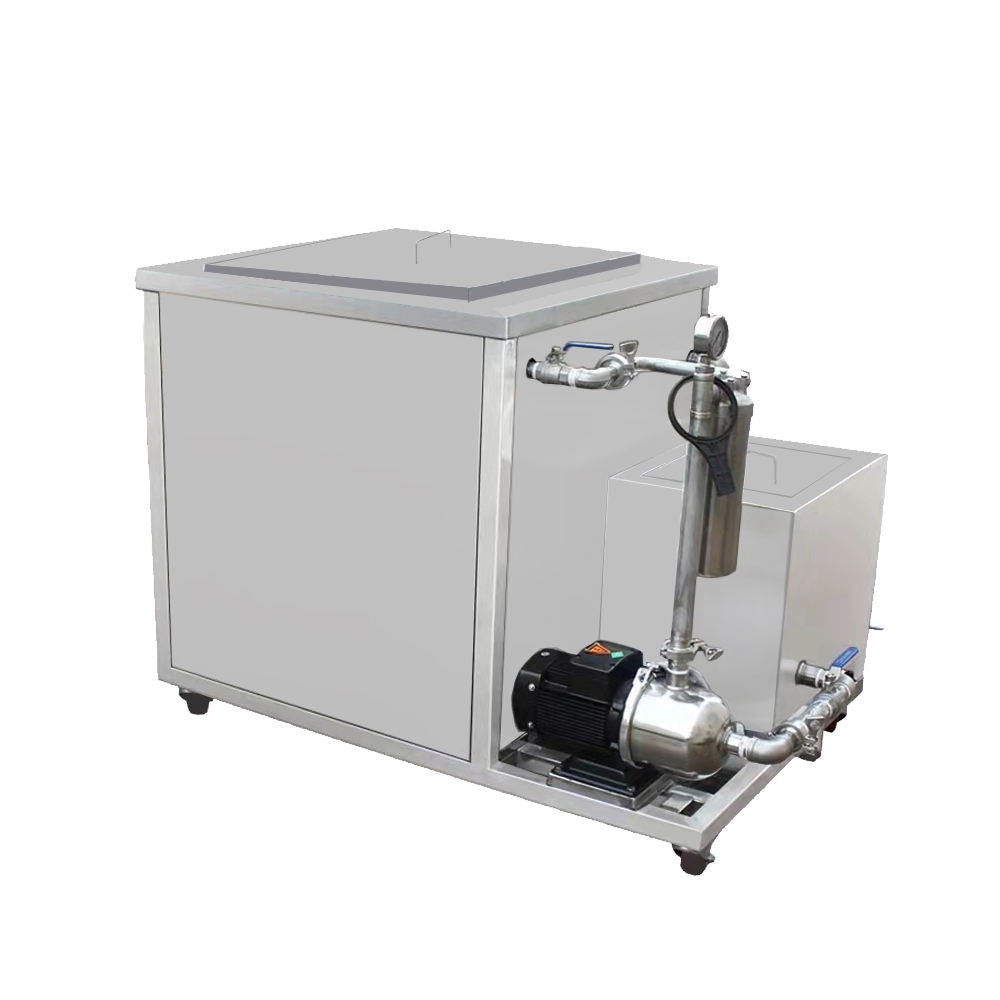 Industrial ultrasonic cleaner machine with stainless tank, hinged lid, and piping connections