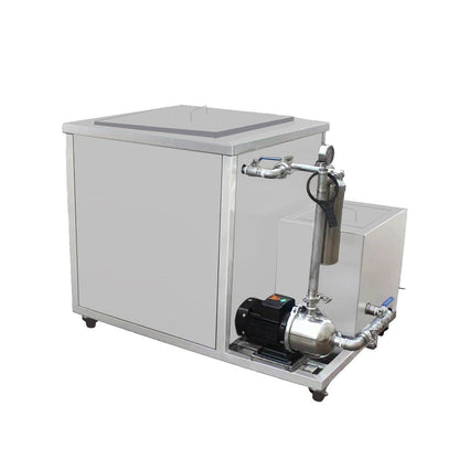 Industrial ultrasonic cleaner machine with stainless tank, hinged lid, and piping connections