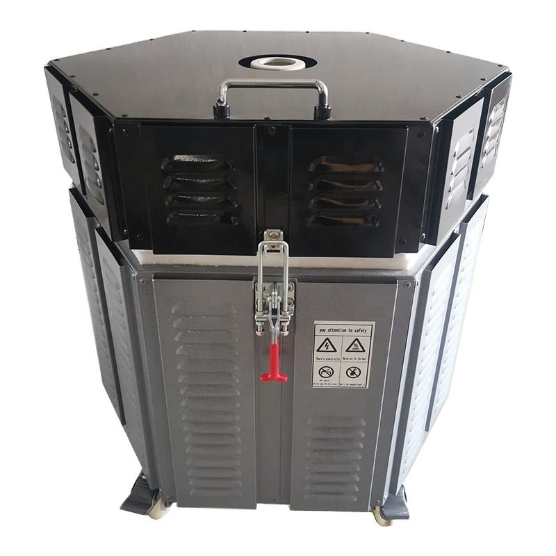Electric ceramic kiln furnace front view with black lid, central latch, caster feet