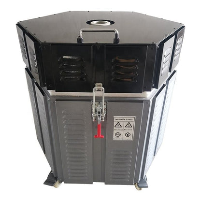 Electric ceramic kiln furnace front view with black lid, central latch, caster feet