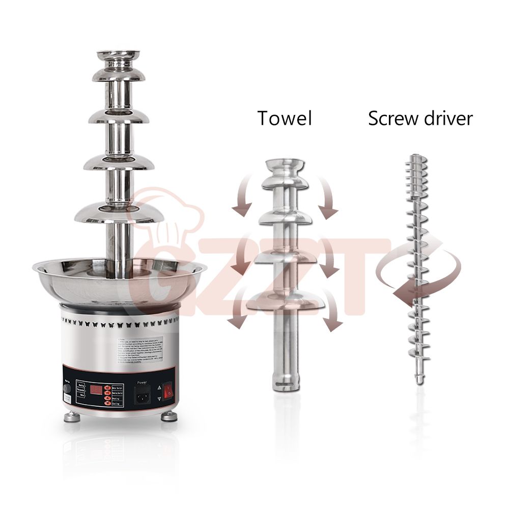 Commercial chocolate fountain machine showing 6 tiers, towel, and screw driver parts