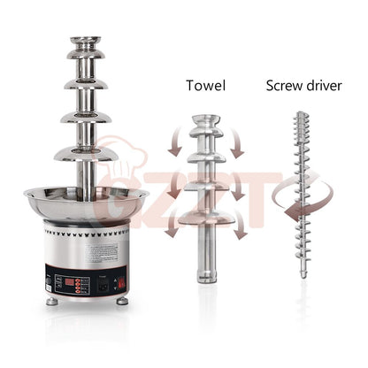 Commercial chocolate fountain machine showing 6 tiers, towel, and screw driver parts