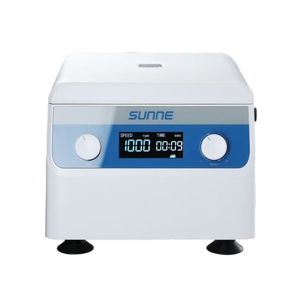 Benchtop laboratory centrifuge with closed lid, blue control panel and digital timer