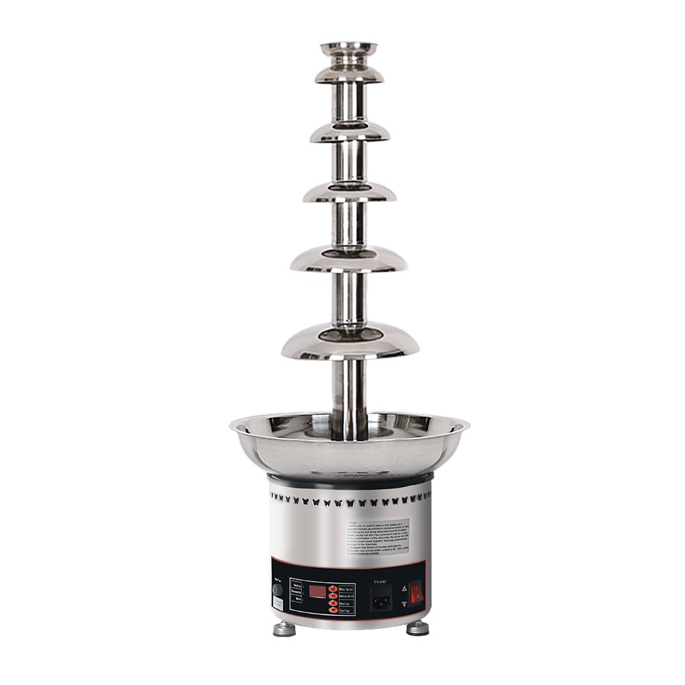 Stainless steel 6-tier chocolate fountain machine with central column and basin