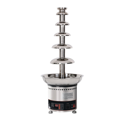 Stainless steel 6-tier chocolate fountain machine with central column and basin