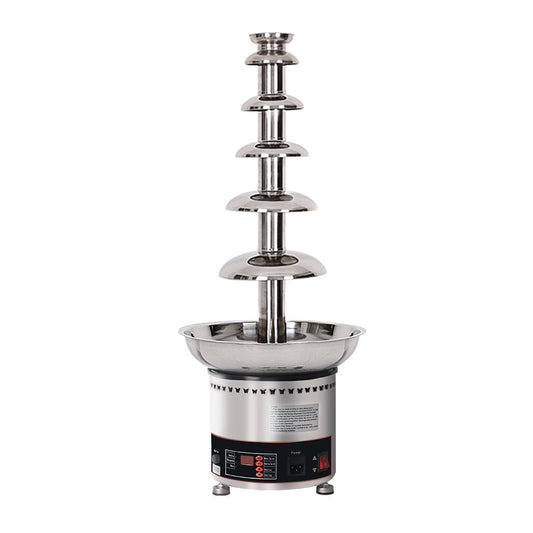 Stainless steel 6-tier chocolate fountain machine with central column and basin