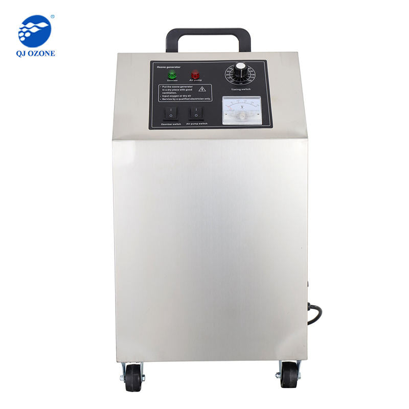 Stainless steel ozone generator machine with front control panel and caster wheels.