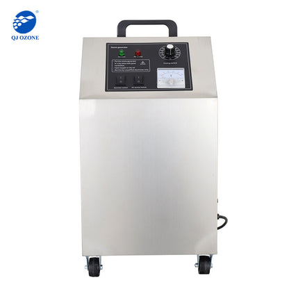 Stainless steel ozone generator machine with front control panel and caster wheels.