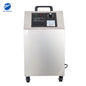 Stainless steel ozone generator machine with front control panel and caster wheels.