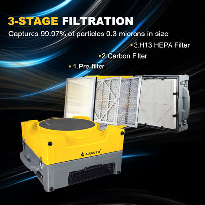 Yellow air scrubber purifier with open housing and three-stage filter stack