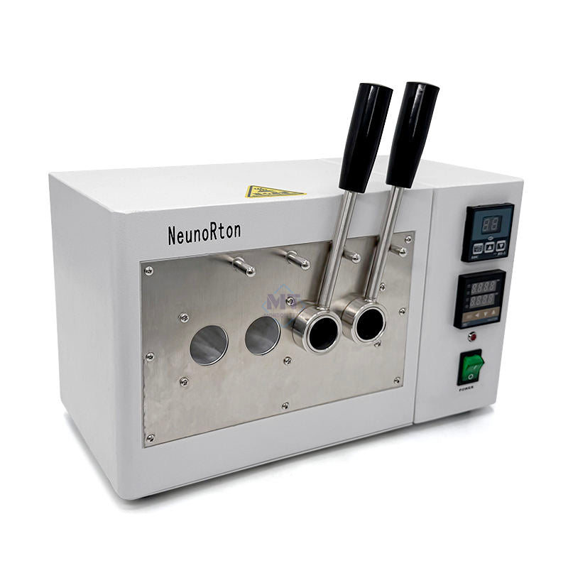 Dental lab tube heater with two upright nozzles and stainless chamber front with two openings