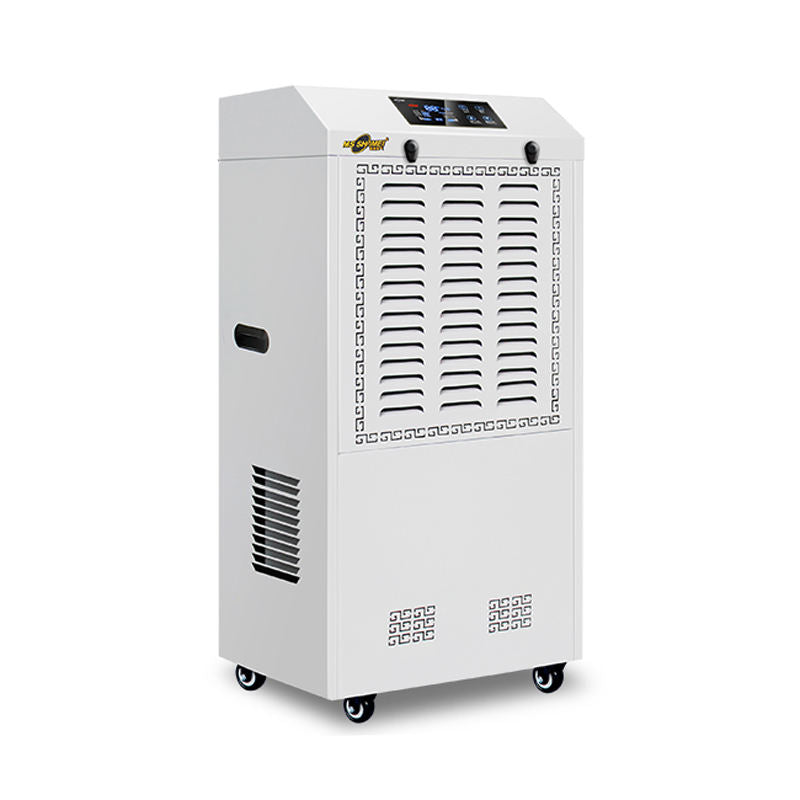 Commercial dehumidifier with side vent, front grille, and caster wheels