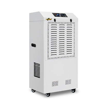 Commercial dehumidifier with side vent, front grille, and caster wheels