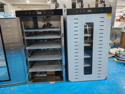 Stainless steel 10-tray food dehydrator with wire racks inside and front doors open