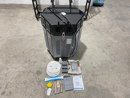 Electric ceramic kiln furnace with control panel, plus accessories kit on floor