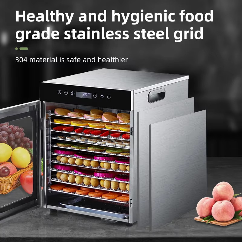 Stainless steel fruit dehydrator with open door revealing stacked drying trays