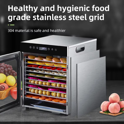 Stainless steel fruit dehydrator with open door revealing stacked drying trays