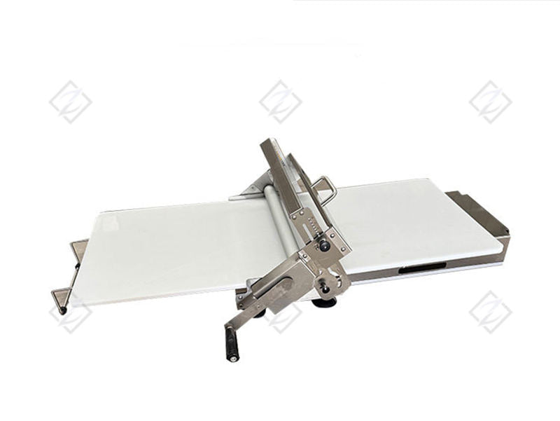 Foldable manual dough sheeter with front roller assembly and wide white feed table